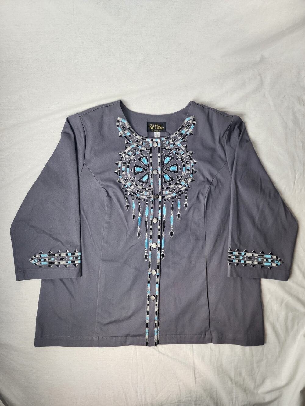 Bob Mackie XL Native American Jacket Women Gray Turquoise Wearable Art Metallic